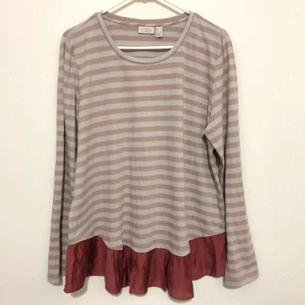 LOGO Lori Goldstein Striped Long Sleeve Tunic Top‎ Ruffled Hem XXS / #1155